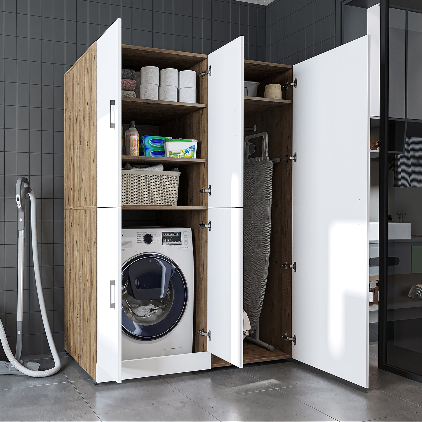 Roomart Waschmaschinenschrank „DORA 130 cm Breit“ für Waschmaschine & Trockner mit Regalböden, in 5 Farben • Weiß • Weiß Eiche • Anthrazit Eiche • Eiche • Schwarz Eiche (Kopie)