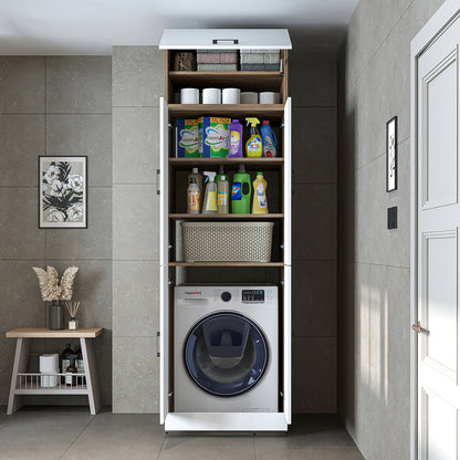 Roomart Waschmaschinenschrank „DORA“ für Waschmaschine & Trockner mit Regalböden, in 5 Farben • Weiß • Weiß Eiche • Anthrazit Eiche • Eiche • Schwarz-Eiche