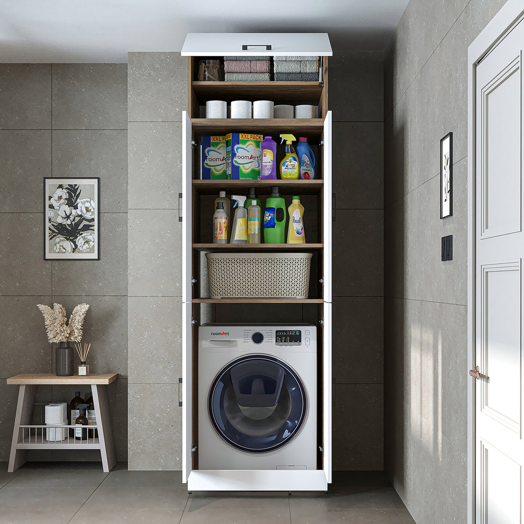 Roomart Waschmaschinenschrank „DORA“ für Waschmaschine & Trockner mit Regalböden, in 5 Farben • Weiß • Weiß Eiche • Anthrazit Eiche • Eiche • Schwarz-Eiche