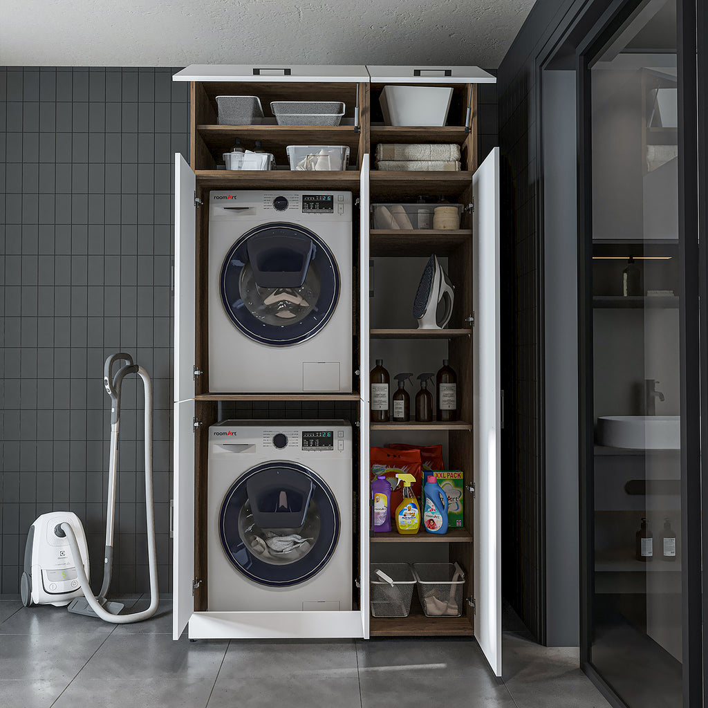 Roomart Waschmaschinenschrank „DORA 115 cm Breit“ für Waschmaschine & Trockner mit Regalböden, in 5 Farben • Weiß • Weiß Eiche • Anthrazit Eiche • Eiche • Schwarz Eiche