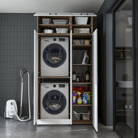 Roomart Waschmaschinenschrank „DORA 115 cm Breit“ für Waschmaschine & Trockner mit Regalböden, in 5 Farben • Weiß • Weiß Eiche • Anthrazit Eiche • Eiche • Schwarz Eiche