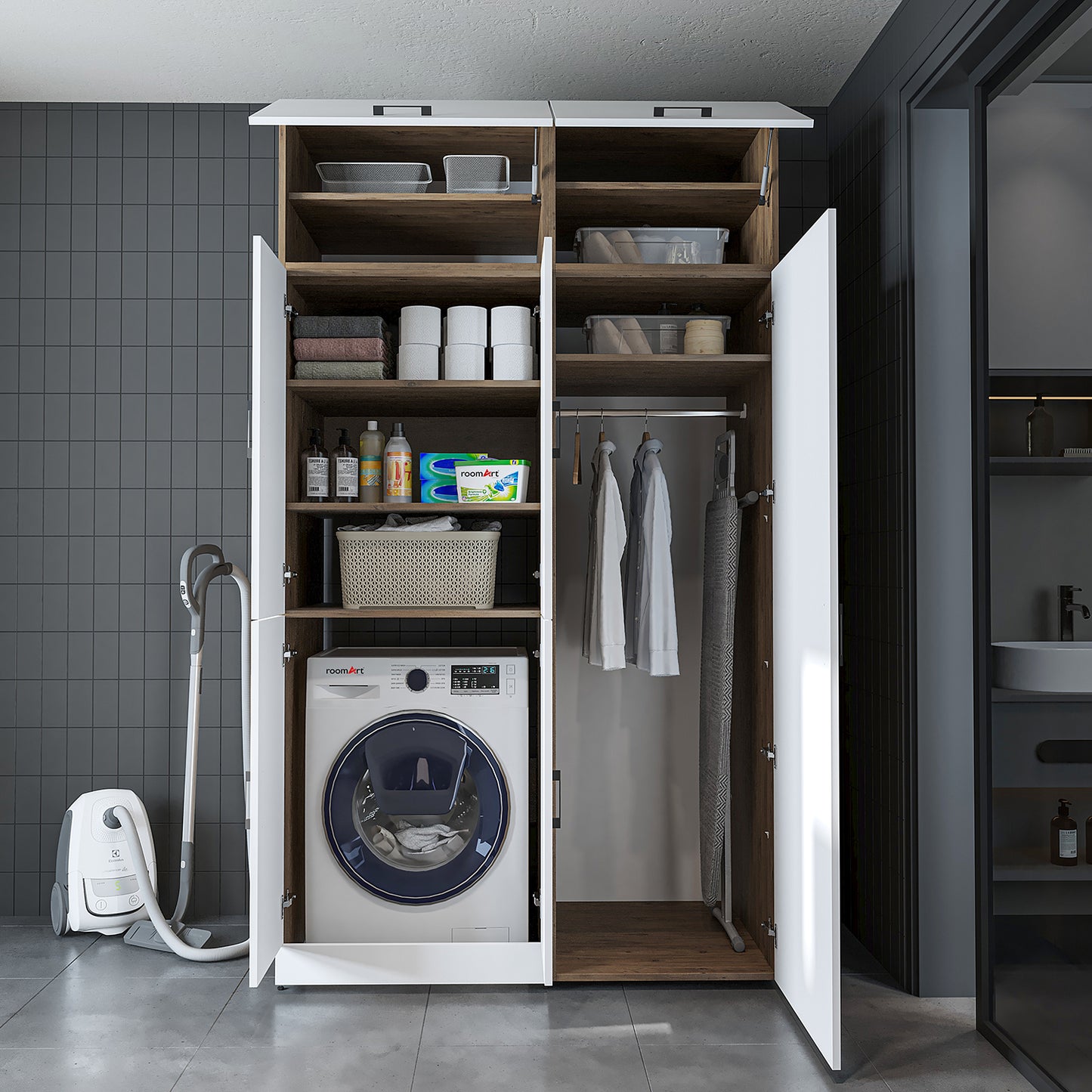 Roomart Waschmaschinenschrank „DORA 130 cm Breit“ für Waschmaschine & Trockner mit Regalböden, in 5 Farben • Weiß • Weiß Eiche • Anthrazit Eiche • Eiche • Schwarz Eiche (Kopie)