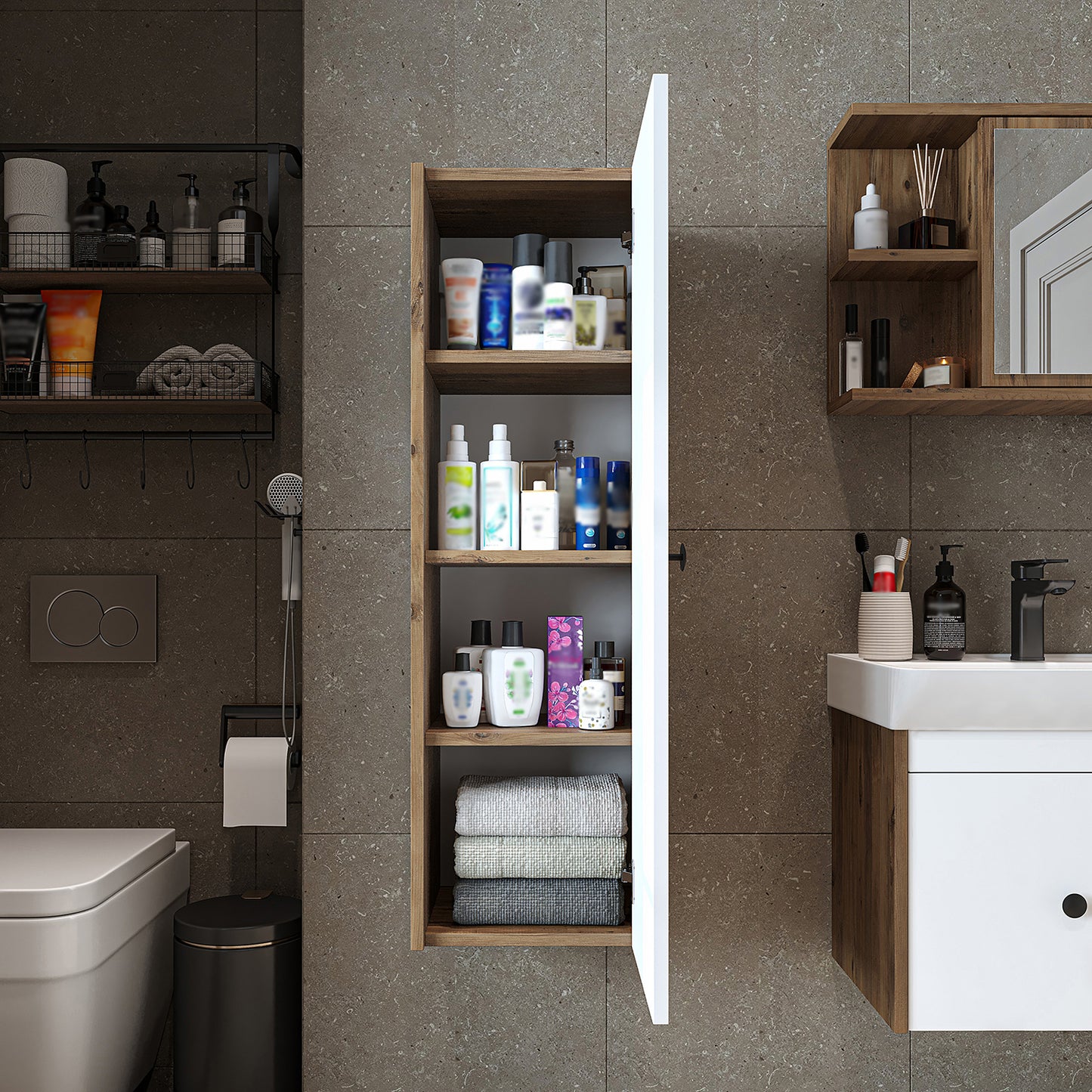 Roomart Bad-Seitenschrank ADA 110 cm – Moderner Bad-Hängeschrank mit Soft-Close – Viel Stauraum – Badezimmer Hochschrank – Weiß, Eiche, Anthrazit oder Schwarz