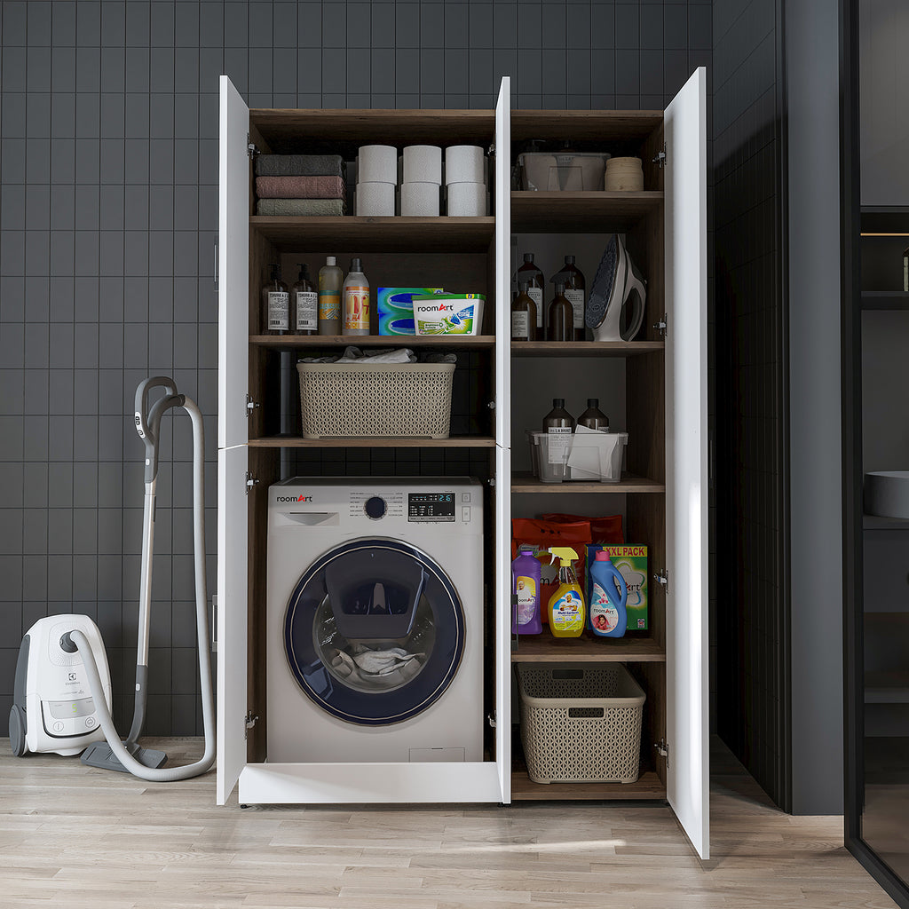 Roomart Waschmaschinenschrank „DORA 115 cm Breit“ für Waschmaschine & Trockner mit Regalböden, in 5 Farben • Weiß • Weiß Eiche • Anthrazit Eiche • Eiche • Schwarz Eiche