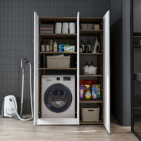 Roomart Waschmaschinenschrank „DORA 115 cm Breit“ für Waschmaschine & Trockner mit Regalböden, in 5 Farben • Weiß • Weiß Eiche • Anthrazit Eiche • Eiche • Schwarz Eiche