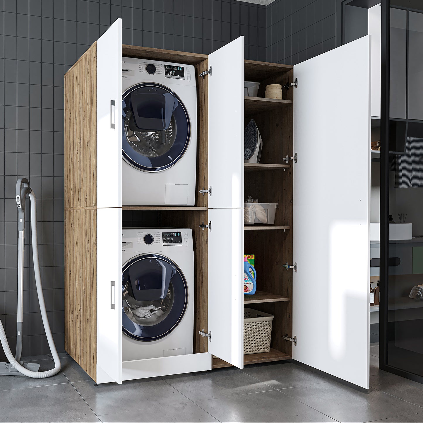 Roomart Waschmaschinenschrank „DORA 130 cm Breit“ für Waschmaschine & Trockner mit Regalböden, in 5 Farben • Weiß • Weiß Eiche • Anthrazit Eiche • Eiche • Schwarz Eiche (Kopie)