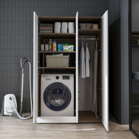 Roomart Waschmaschinenschrank „DORA 115 cm Breit“ für Waschmaschine & Trockner mit Regalböden, in 5 Farben • Weiß • Weiß Eiche • Anthrazit Eiche • Eiche • Schwarz Eiche