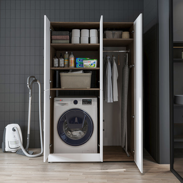 Roomart Waschmaschinenschrank - SERIE DORA-II- 115 cm breit – Waschturm für Waschmaschine & Trockner mit Regalböden – Überbauschrank für Waschküche & Hauswirtschaftsraum – in 5 Farben (Weiß, Weiß-Eiche, Anthrazit-Eiche, Eiche, Schwarz-Eiche)