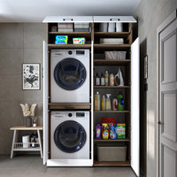 Roomart washing machine cabinet " DORA SET" for dryer & washing machine, 130 cm wide, in 4 colors, with doors & pull-out shelf - white - white oak - anthracite oak - oak