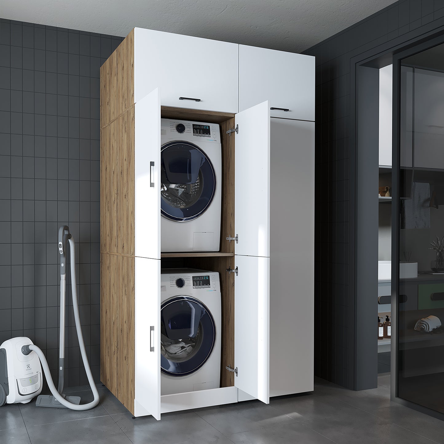 Roomart Waschmaschinenschrank „DORA 130 cm Breit“ für Waschmaschine & Trockner mit Regalböden, in 5 Farben • Weiß • Weiß Eiche • Anthrazit Eiche • Eiche • Schwarz Eiche (Kopie)