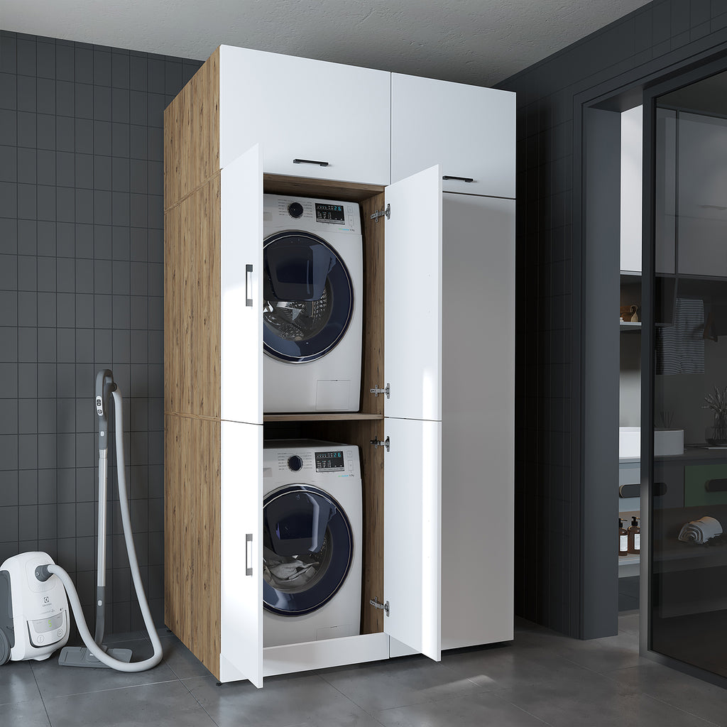 Roomart Waschmaschinenschrank „DORA 130 cm Breit“ für Waschmaschine & Trockner mit Regalböden, in 5 Farben • Weiß • Weiß Eiche • Anthrazit Eiche • Eiche • Schwarz Eiche (Kopie)