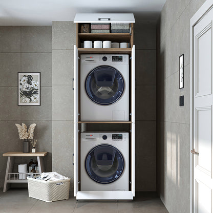 Roomart Waschmaschinenschrank „DORA“ für Waschmaschine & Trockner mit Regalböden, in 5 Farben • Weiß • Weiß Eiche • Anthrazit Eiche • Eiche • Schwarz-Eiche