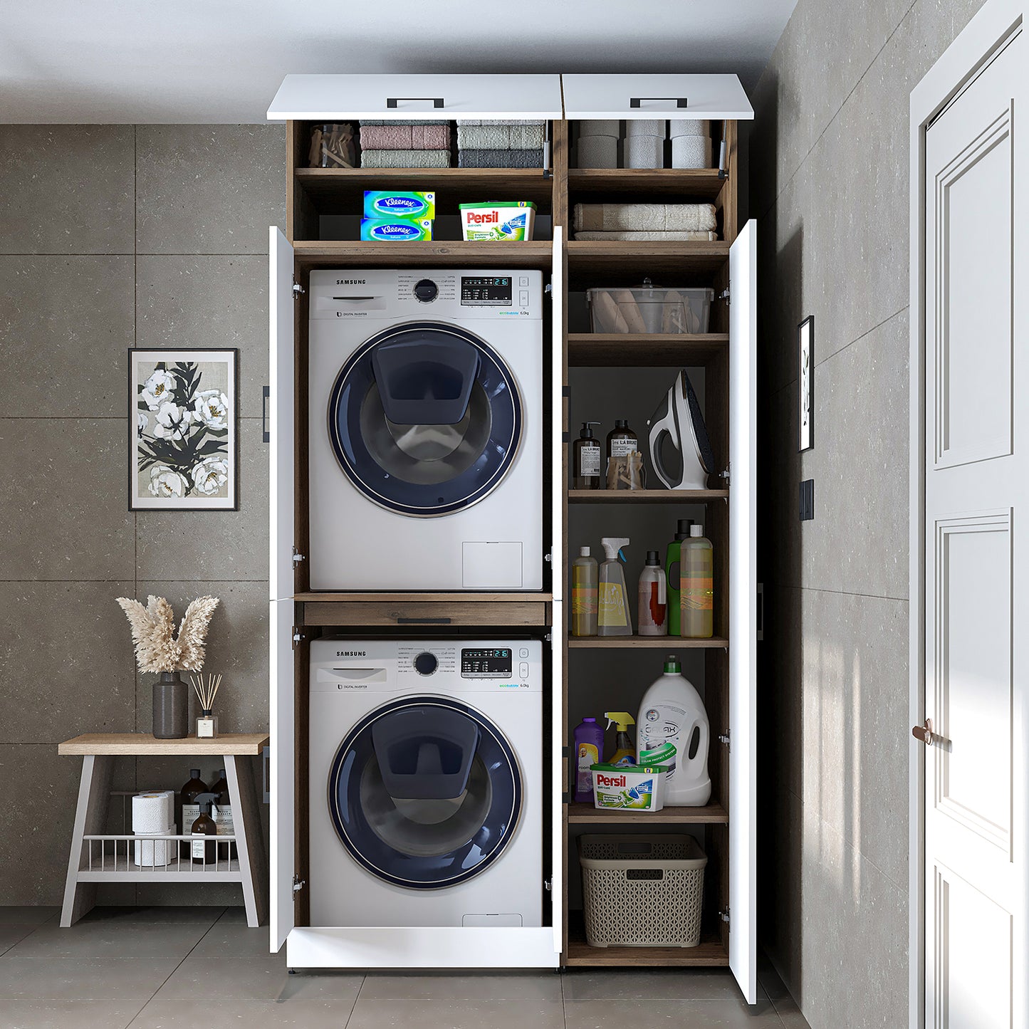 Roomart Waschmaschinenschrank " DORA SET" für Trockner & Waschmaschine, 115 cm breit, in 4 Farben, mit Türen & Ausziehbrett • Weiß • Weiß Eiche • Anthrazit Eiche • Eiche