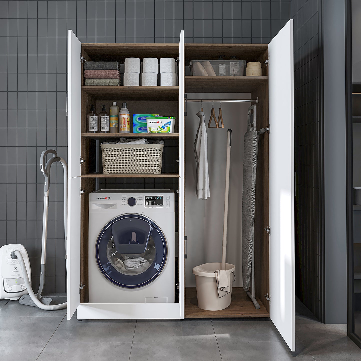 Roomart Waschmaschinenschrank „DORA 130 cm Breit“ für Waschmaschine & Trockner mit Regalböden, in 5 Farben • Weiß • Weiß Eiche • Anthrazit Eiche • Eiche • Schwarz Eiche (Kopie)