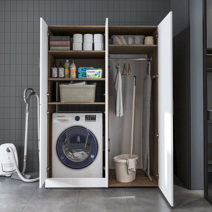 Roomart Waschmaschinenschrank „DORA 130 cm Breit“ für Waschmaschine & Trockner mit Regalböden, in 5 Farben • Weiß • Weiß Eiche • Anthrazit Eiche • Eiche • Schwarz Eiche (Kopie)