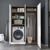 Roomart Waschmaschinenschrank „DORA 130 cm Breit“ für Waschmaschine & Trockner mit Regalböden, in 5 Farben • Weiß • Weiß Eiche • Anthrazit Eiche • Eiche • Schwarz Eiche (Kopie)