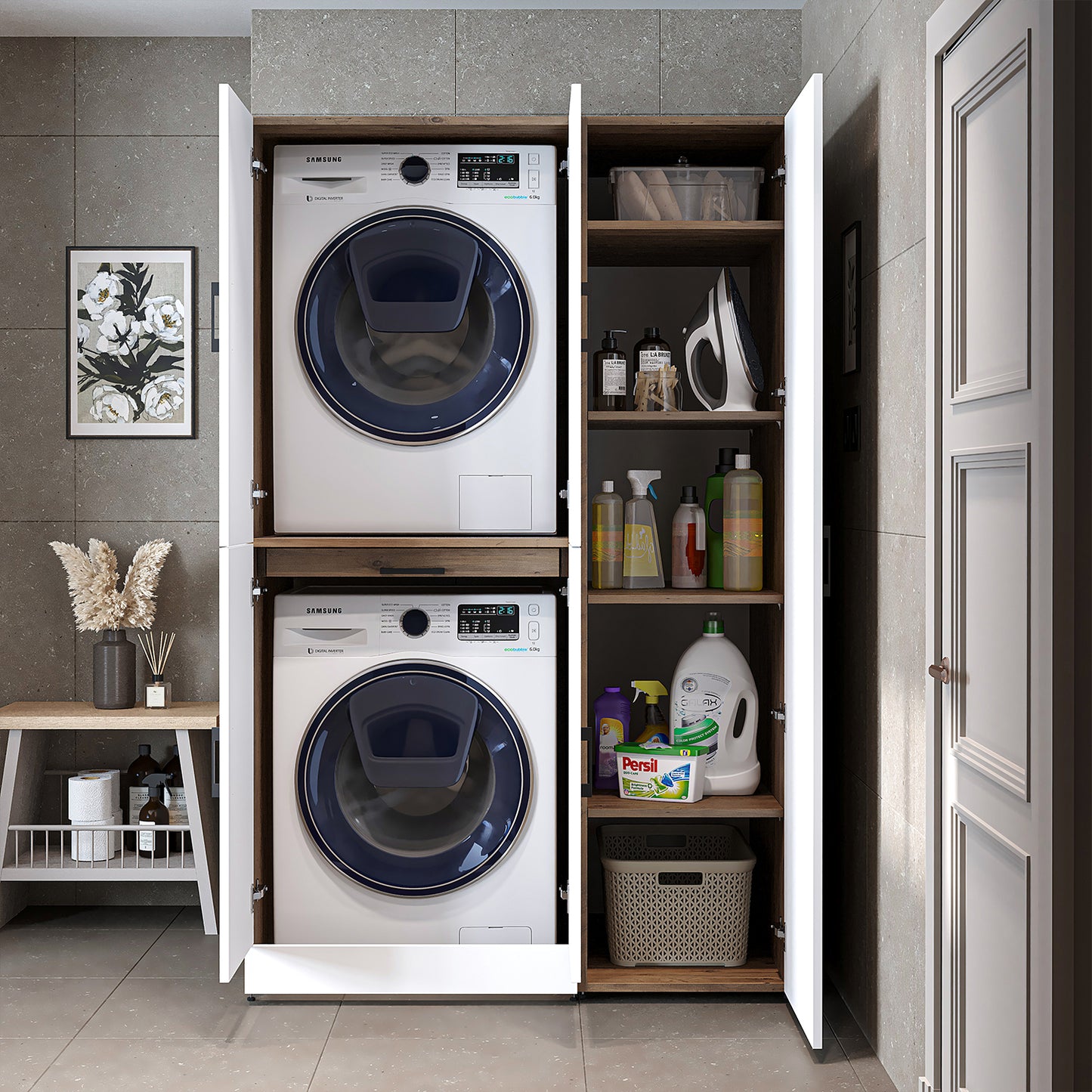Roomart Waschmaschinenschrank " DORA SET" für Trockner & Waschmaschine, 115 cm breit, in 4 Farben, mit Türen & Ausziehbrett • Weiß • Weiß Eiche • Anthrazit Eiche • Eiche