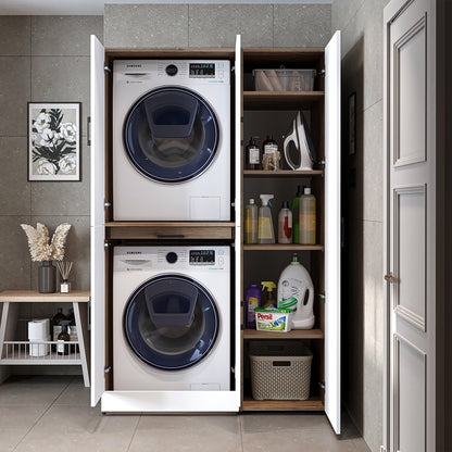Roomart Waschmaschinenschrank " DORA SET" für Trockner & Waschmaschine, 115 cm breit, in 4 Farben, mit Türen & Ausziehbrett • Weiß • Weiß Eiche • Anthrazit Eiche • Eiche