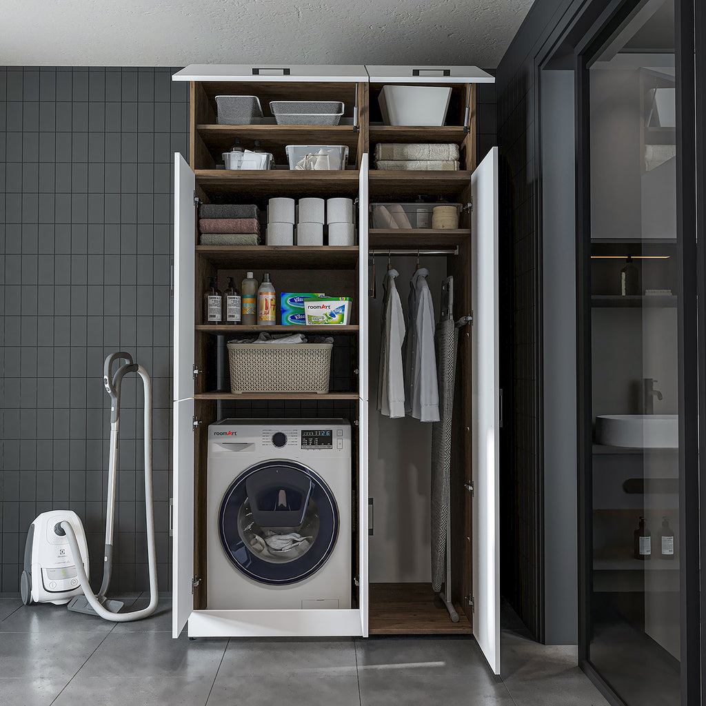 Roomart Waschmaschinenschrank „DORA 115 cm Breit“ für Waschmaschine & Trockner mit Regalböden, in 5 Farben • Weiß • Weiß Eiche • Anthrazit Eiche • Eiche • Schwarz Eiche