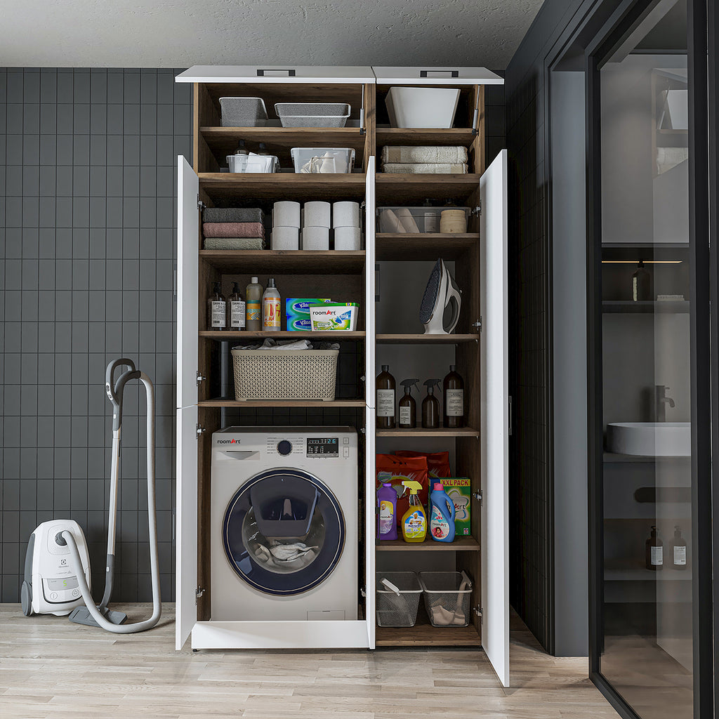 Roomart Waschmaschinenschrank „DORA 115 cm Breit“ für Waschmaschine & Trockner mit Regalböden, in 5 Farben • Weiß • Weiß Eiche • Anthrazit Eiche • Eiche • Schwarz Eiche