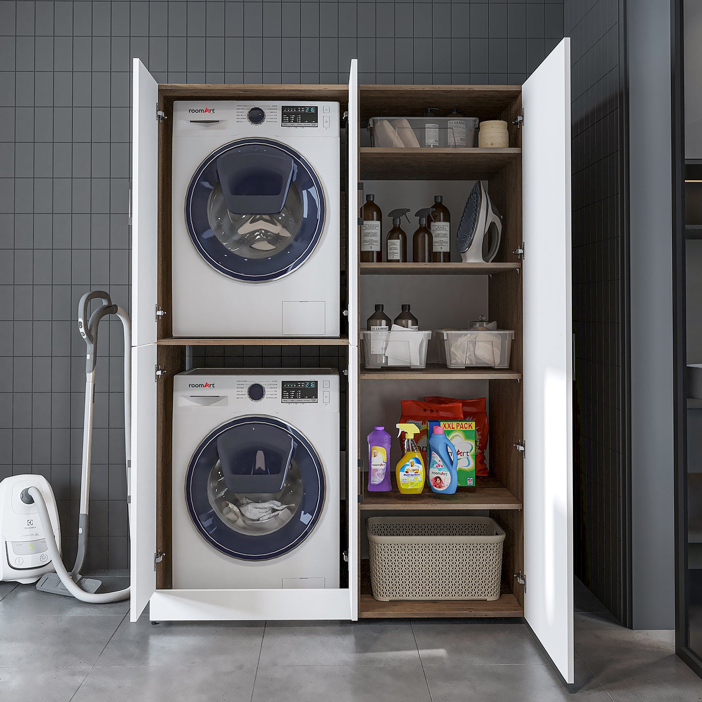 Roomart Waschmaschinenschrank „DORA 130 cm Breit“ für Waschmaschine & Trockner mit Regalböden, in 5 Farben • Weiß • Weiß Eiche • Anthrazit Eiche • Eiche • Schwarz Eiche (Kopie)