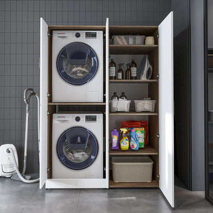 Roomart Waschmaschinenschrank „DORA 130 cm Breit“ für Waschmaschine & Trockner mit Regalböden, in 5 Farben • Weiß • Weiß Eiche • Anthrazit Eiche • Eiche • Schwarz Eiche (Kopie)