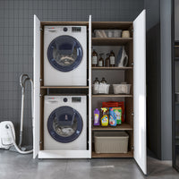 Roomart Waschmaschinenschrank „DORA 130 cm Breit“ für Waschmaschine & Trockner mit Regalböden, in 5 Farben • Weiß • Weiß Eiche • Anthrazit Eiche • Eiche • Schwarz Eiche (Kopie)