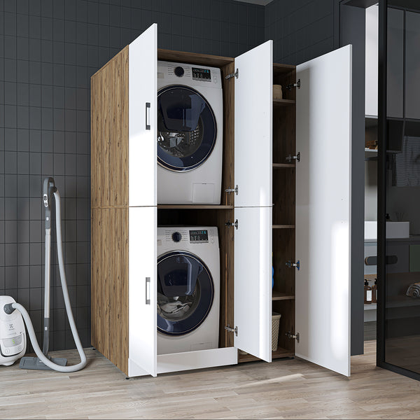 Roomart Waschmaschinenschrank „DORA 115 cm Breit“ für Waschmaschine & Trockner mit Regalböden, in 5 Farben • Weiß • Weiß Eiche • Anthrazit Eiche • Eiche • Schwarz Eiche