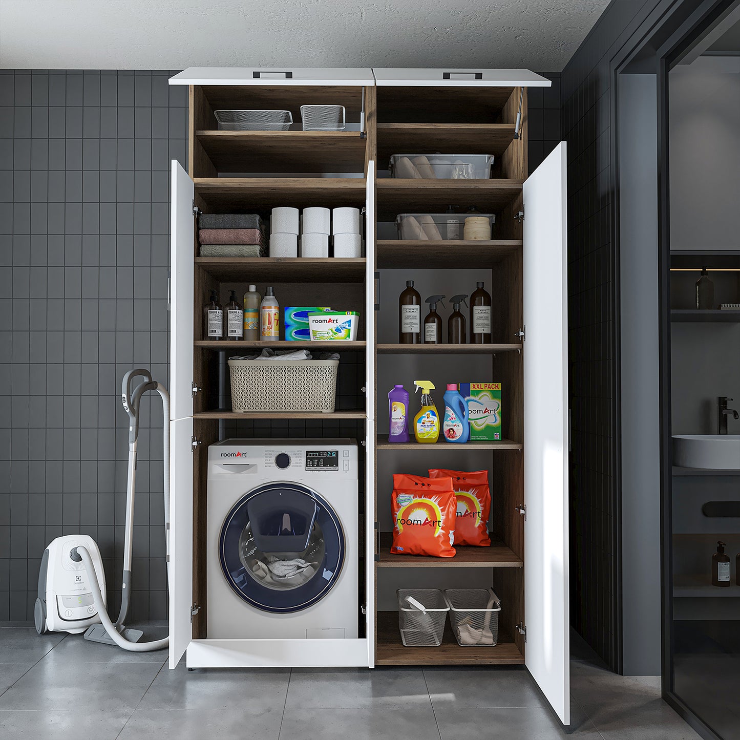 Roomart Waschmaschinenschrank „DORA 130 cm Breit“ für Waschmaschine & Trockner mit Regalböden, in 5 Farben • Weiß • Weiß Eiche • Anthrazit Eiche • Eiche • Schwarz Eiche (Kopie)