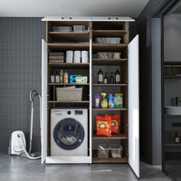 Roomart Waschmaschinenschrank „DORA 130 cm Breit“ für Waschmaschine & Trockner mit Regalböden, in 5 Farben • Weiß • Weiß Eiche • Anthrazit Eiche • Eiche • Schwarz Eiche (Kopie)