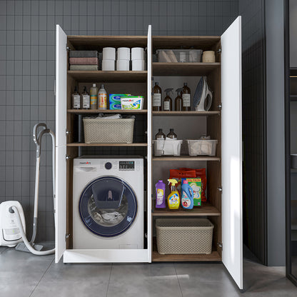 Roomart Waschmaschinenschrank „DORA 130 cm Breit“ für Waschmaschine & Trockner mit Regalböden, in 5 Farben • Weiß • Weiß Eiche • Anthrazit Eiche • Eiche • Schwarz Eiche (Kopie)