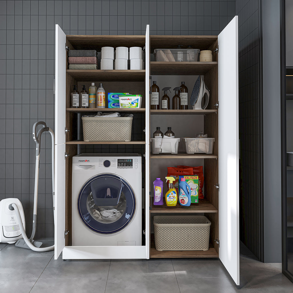 Roomart Waschmaschinenschrank „DORA 130 cm Breit“ für Waschmaschine & Trockner mit Regalböden, in 5 Farben • Weiß • Weiß Eiche • Anthrazit Eiche • Eiche • Schwarz Eiche (Kopie)