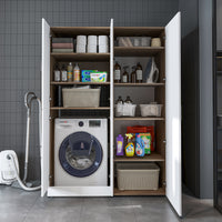 Roomart Waschmaschinenschrank „DORA 130 cm Breit“ für Waschmaschine & Trockner mit Regalböden, in 5 Farben • Weiß • Weiß Eiche • Anthrazit Eiche • Eiche • Schwarz Eiche (Kopie)