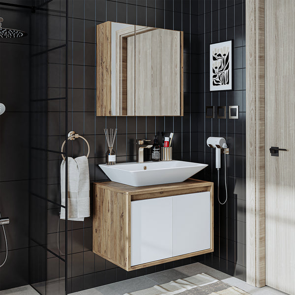 Roomart Badmöbel Set ATLANTIC – 3-teilig – 65 cm Waschbeckenunterschrank mit Keramikwaschbecken & Spiegelschrank | Badezimmermöbel