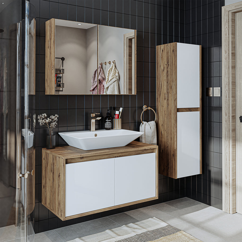 Roomart bathroom furniture set ATLANTIC 4-piece 85 cm in 5 colors vanity unit with ceramic washbasin - mirror cabinet - tall cabinet - bathroom cabinet, washbasin, bathroom furniture, bathroom cabinet, bathroom, with, vanity unit, bathroom furniture, set, washbasin, furniture, bathroom