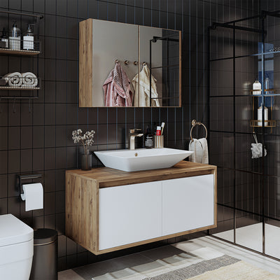 Roomart 3-teiliges Badmöbel-Set ATLANTIC, 100 cm, mit Aufsatzbecken und Spiegelschrank, in 5 Farben