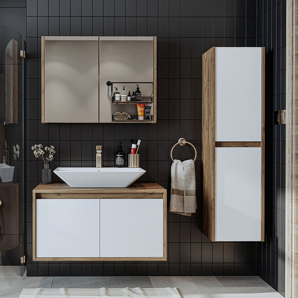 Roomart Juego de muebles de baño ATLANTIC 4 piezas 85 cm en 5 colores Tocador con lavabo de cerámica - armario con espejo - armario alto