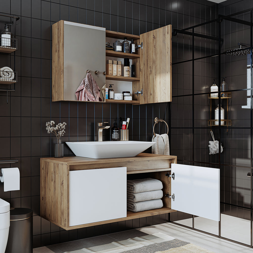 Roomart • Badmöbel Set • ATLANTIC • 3 Teilig • 100 cm Unterschrank mit Keramikwaschbecken • 80 cm Spiegelschrank- badezimmerschrank, waschbecken, badezimmermöbel, badschrank, badezimmer, mit, unterschrank, badmöbel, set, waschtisch, möbel, badezimmermãbel