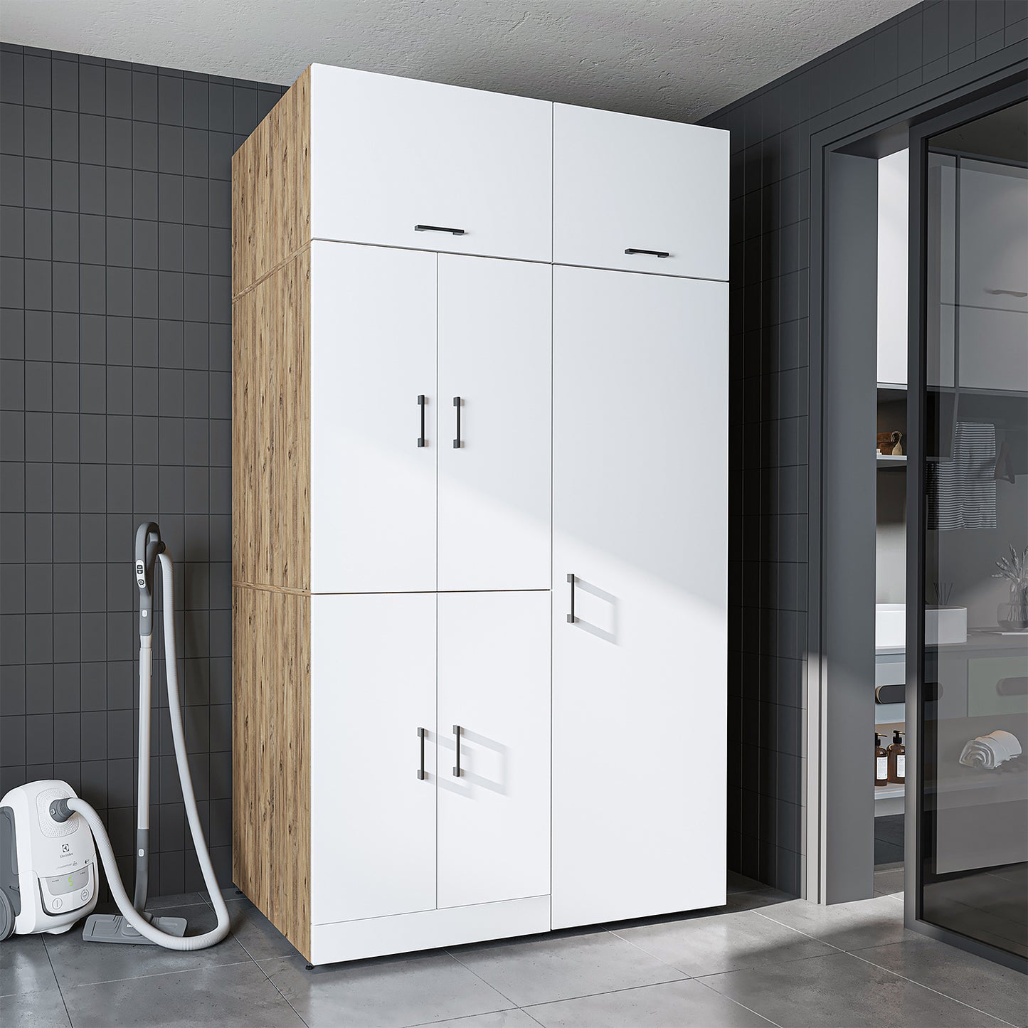 Roomart Waschmaschinenschrank „DORA 130 cm Breit“ für Waschmaschine & Trockner mit Regalböden, in 5 Farben • Weiß • Weiß Eiche • Anthrazit Eiche • Eiche • Schwarz Eiche (Kopie)