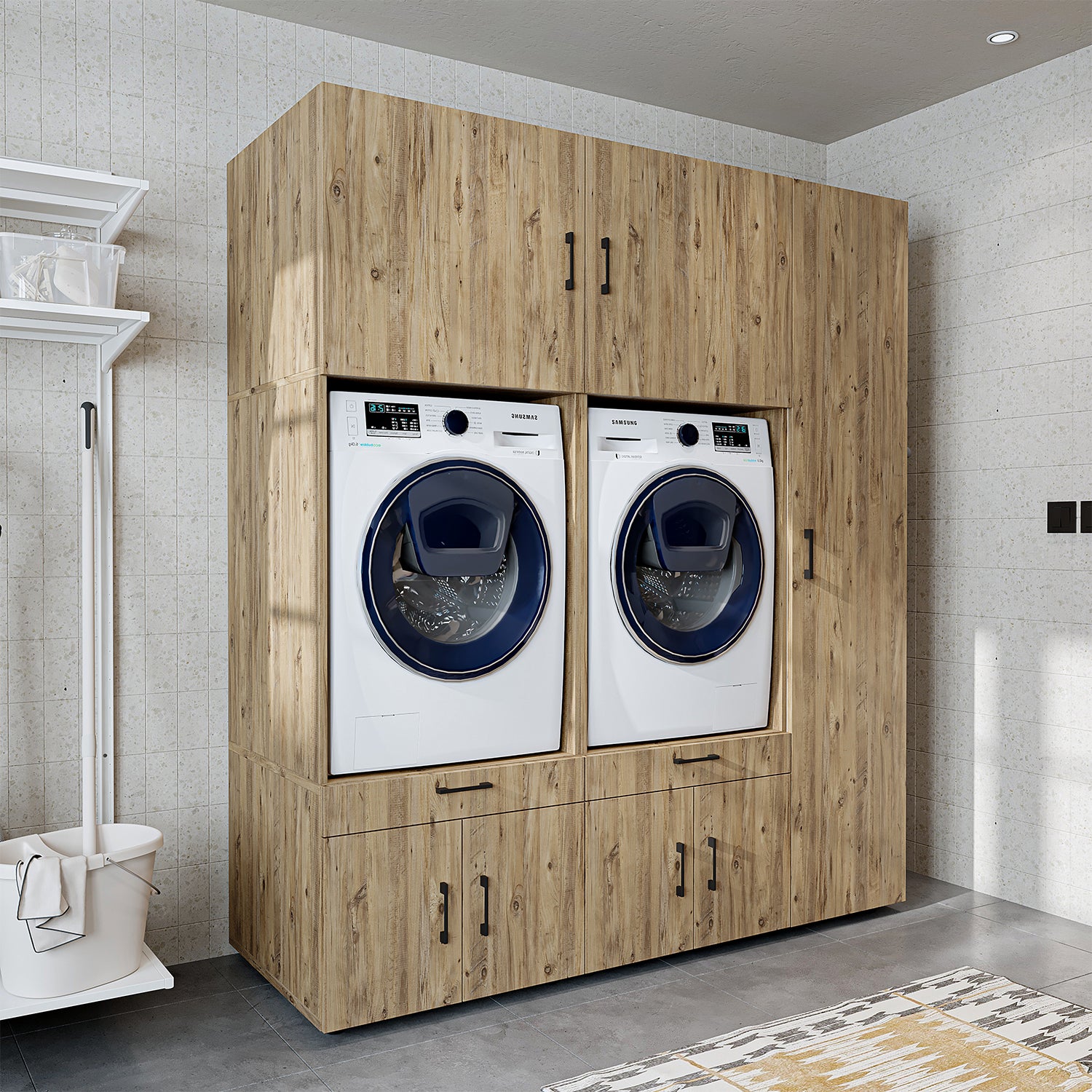 Roomart Überbauschrak für Waschküche & Hauswirtschaftsraum, in 3 Farben, Mit Schubladen und Ausziehbrett , 179 cm breit - waschmaschinenschrank, waschmaschinenregal, waschturm, schrank, weiß, waschmaschinen, unterschrank, waschmaschine, trockner, haushalt