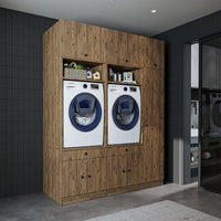 Roomart Waschmaschinenschrank SERIE 3 – 179 cm breit, 2× Waschmaschine nebeneinander mit Klappschrank, Ausziehbrett & Hochschrank – Waschküche & Hauswirtschaftsraum – Eiche / Schwarz-Eiche / Weiß