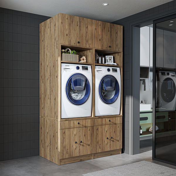 Roomart Waschmaschinen-Doppelschrank SERIE 1 – 134 cm breit, Überbauschrank für 2 Waschmaschinen mit Ausziehbrett, Waschküchenschrank, HBT 230 × 134 × 67 cm, in 3 Farben