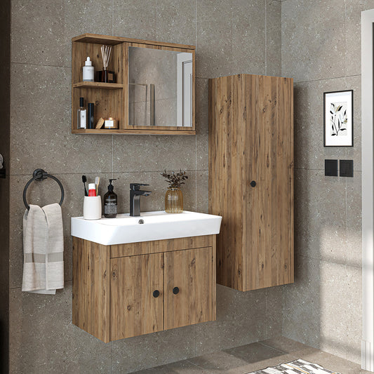 Roomart Badmöbelset ADA – 3-teiliges Badezimmermöbel Set mit Waschbecken, Unterschrank, Spiegelschrank & Seitenschrank – modernes Badmöbel