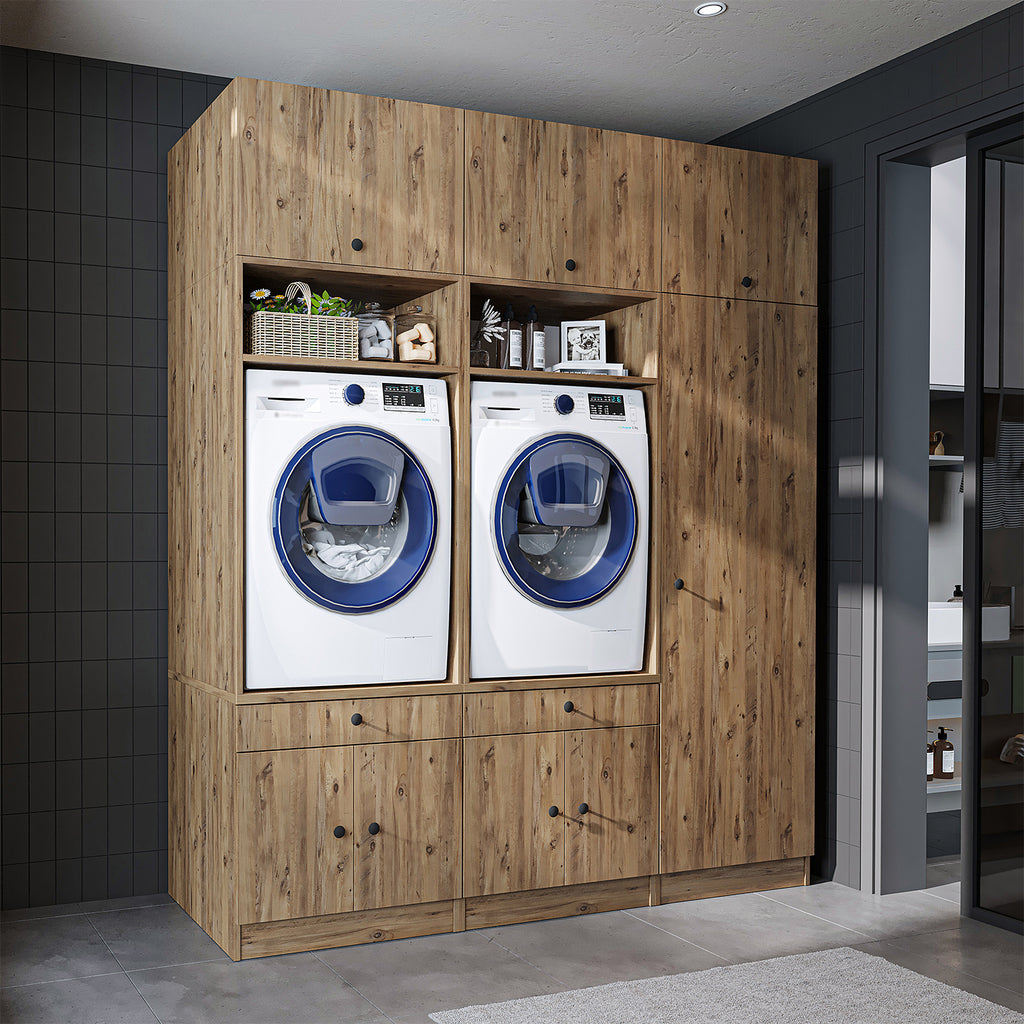 Roomart Schrankwand für Waschküche & Hauswirtschaftsraum - SERIE 1 - 114 cm breit, mit Ausziehbrett & Stauraum, Waschmaschinen-Schrankkombination, in 3 Farben (Weiß, Schwarz-Eiche)