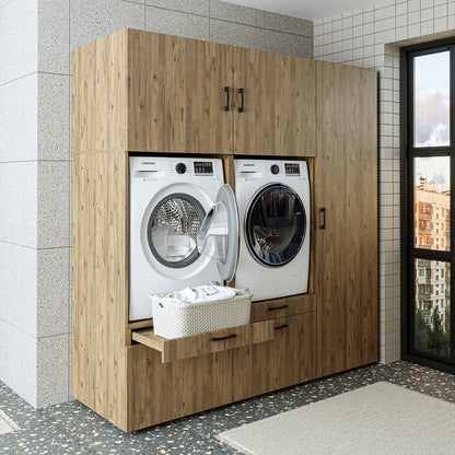 Roomart Waschmaschinenschrank Doppelschrank – SERIE 2 – 194 cm breit, Überbauschrank für Waschküche & Hauswirtschaftsraum – 205 cm hoch – mit Ausziehbrett & Schubladen – in 3 Farben