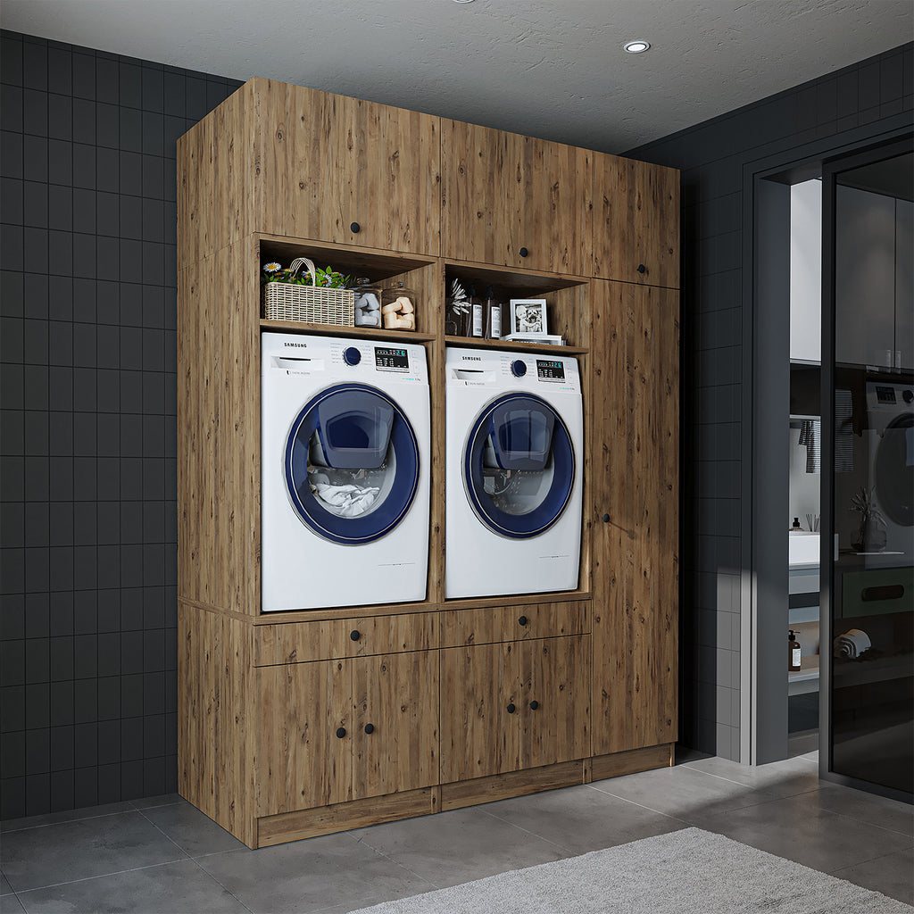 Mueble de pared Roomart para lavadero y cuarto de servicio, en 3 colores, 179 cm de ancho, Con estante extraíble - Blanco - Roble negro mueble para lavadora, estante para lavadora, torre de lavado, mueble, blanco, lavadoras, mueble bajo, lavadora, secadora, haush