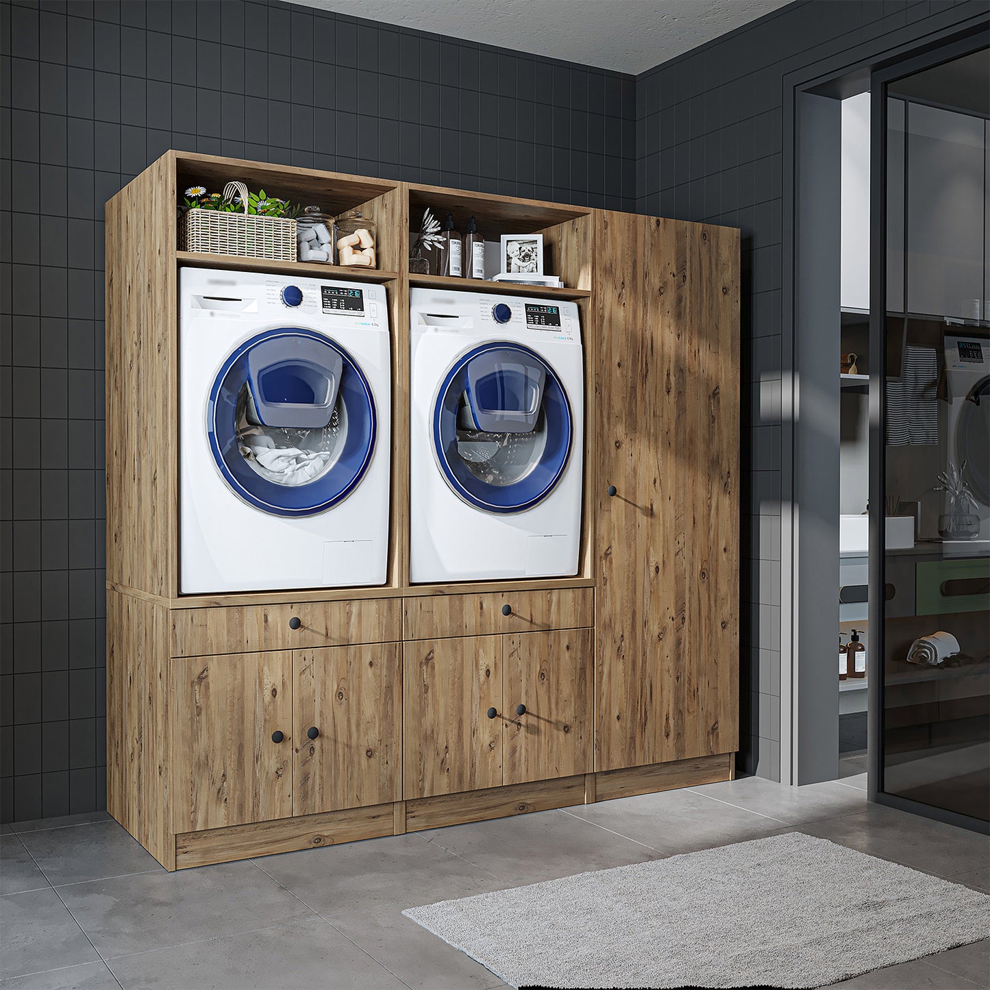 Roomart Waschmaschinenschrank SERIE 3 – 194 cm breit, 2× Waschmaschine nebeneinander mit Ausziehbrett & Hochschrank – Waschküche & Hauswirtschaftsraum – Eiche / Schwarz-Eiche / Weiß