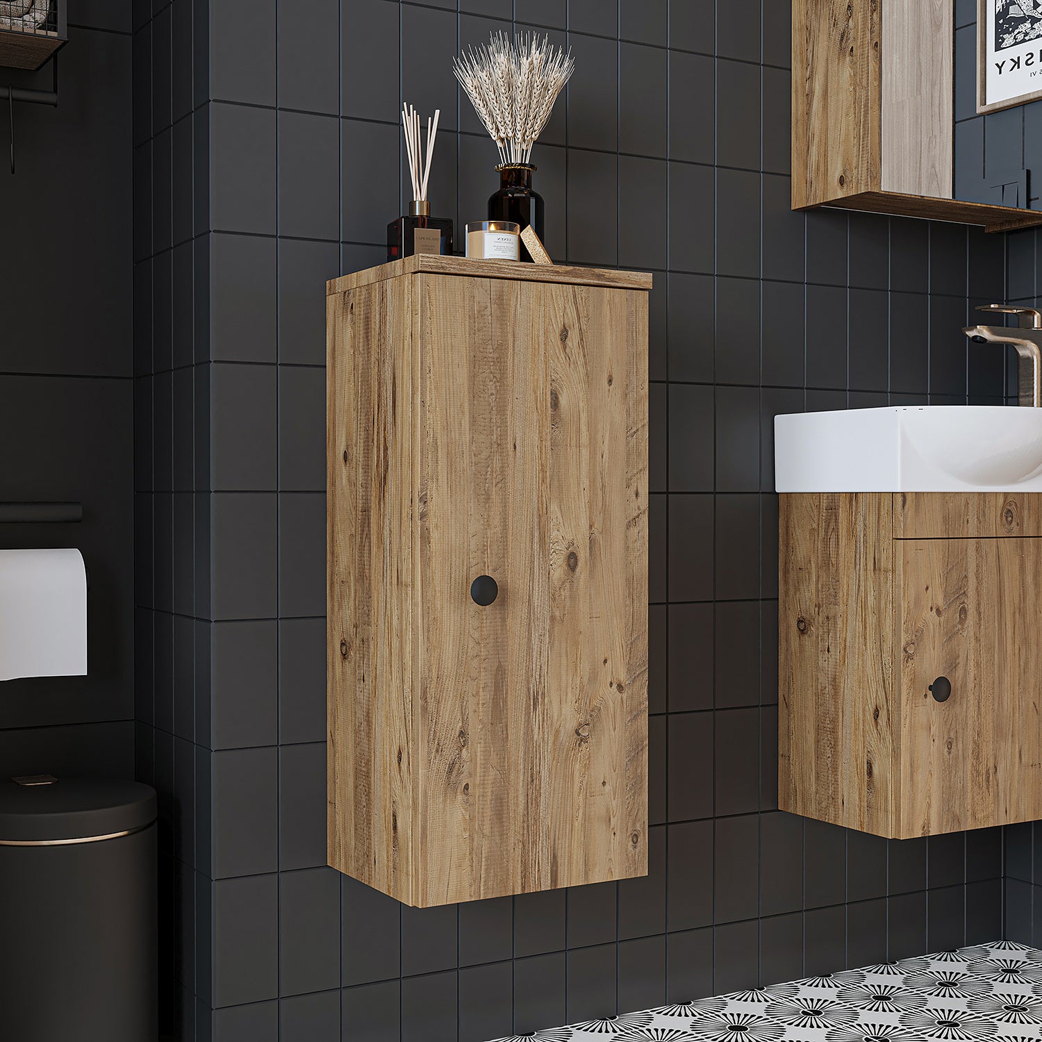 Roomart Seitenschrank „Punto“ – moderner, kompakter 70 cm Bad-Hängeschrank mit Softclose – in Weiß, Weiß-Eiche, Eiche oder Anthrazit-Eiche - Hängeschrank, wand,  hochschrank, hochschrank weiß, 60 cm breit, küche, waschküche, wohnzimmer, schmal, 40 cm brei