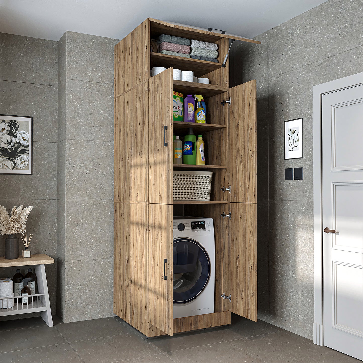 Roomart Waschmaschinenschrank „DORA“ für Waschmaschine & Trockner mit Regalböden, in 5 Farben • Weiß • Weiß Eiche • Anthrazit Eiche • Eiche • Schwarz-Eiche