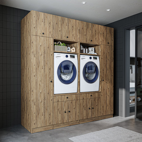 Roomart Waschmaschinenumbauschrank & Schrankwand für Waschküche - SERIE 1 -  | 224 cm breit | Waschmaschine & Trockner | Mit Ausziehbrett | Hauswirtschaftsraum Möbel | Weiß, Eiche oder Schwarz-Eiche